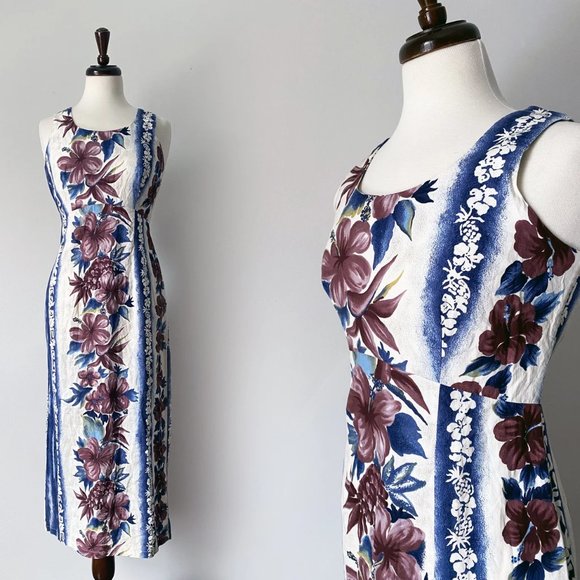 Hawaiian Vintage 90s Midi Hibiscus Tiki Dress • Size S - Picture 1 of 10